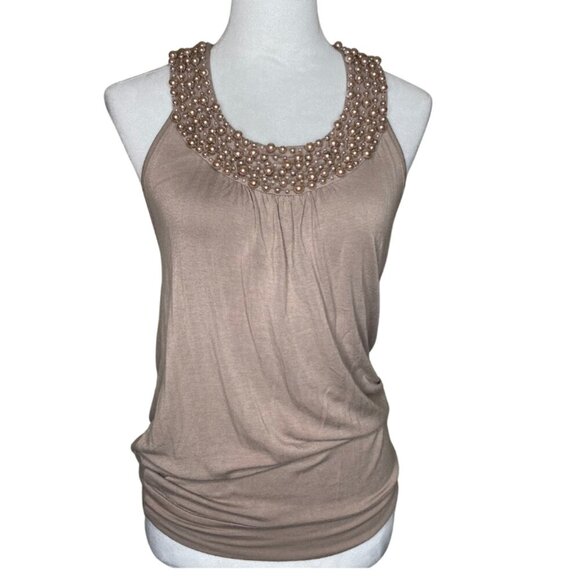 Forever 21 Tops - XXI Brown Accent Beaded Neckline Racerback Top Blouse Shirt Size Medium Date